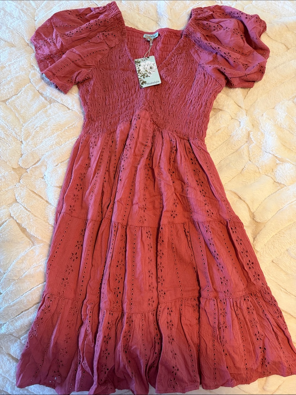Nostalgia Rose Eyelet Smocked Midi Dress with Puff Sleeves
